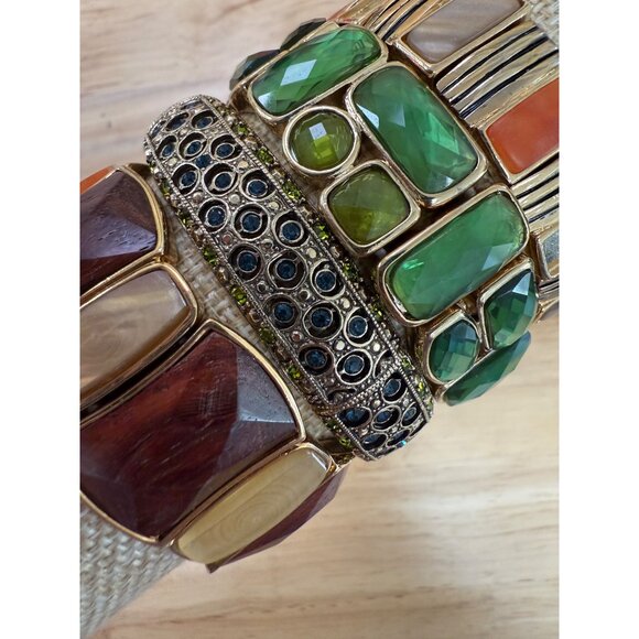 Lot Of 4 Stretch Bracelets With Green Orange & Brown Gemstone Accents & Gold-Ton - Picture 3 of 10